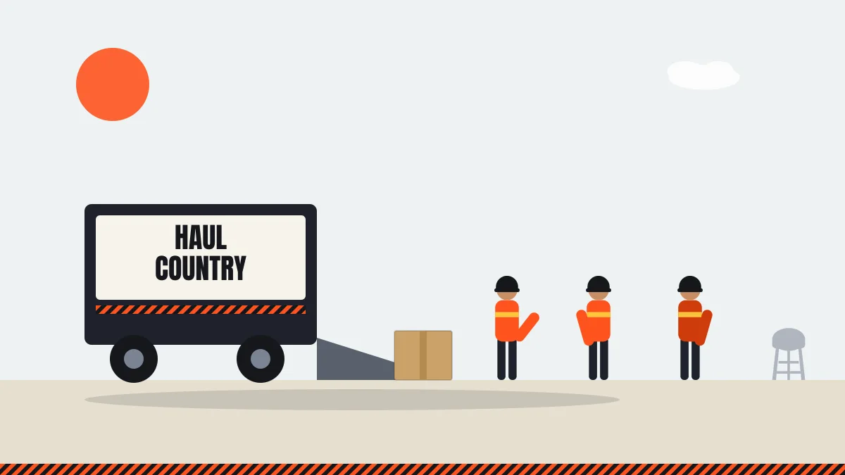 Illustration of the Haul Country junk removal crew working together behind their truck ramp