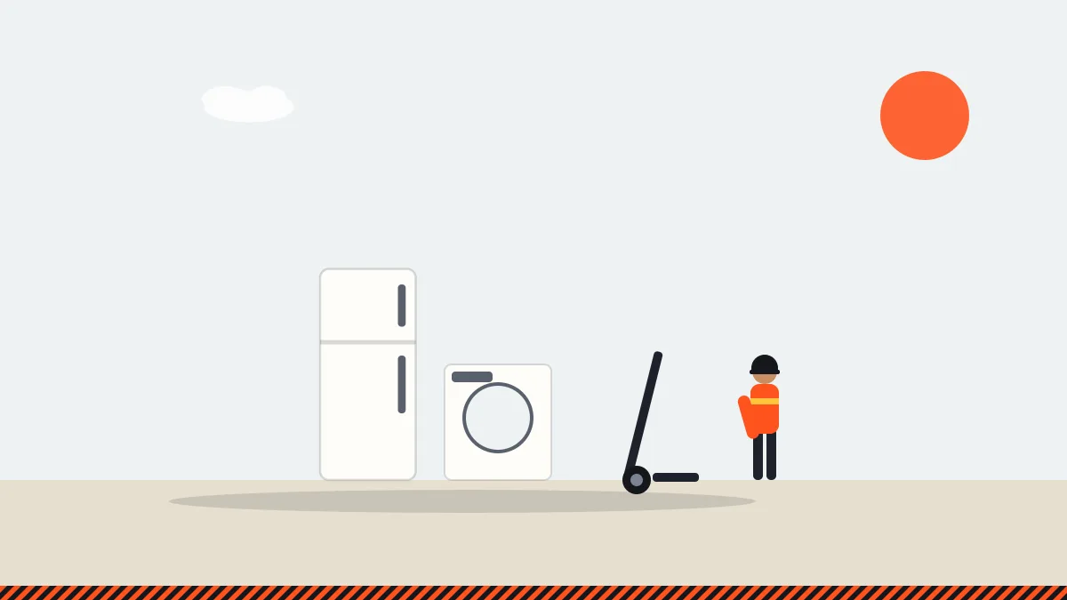 Illustration of a refrigerator and washer with a hand truck for appliance removal