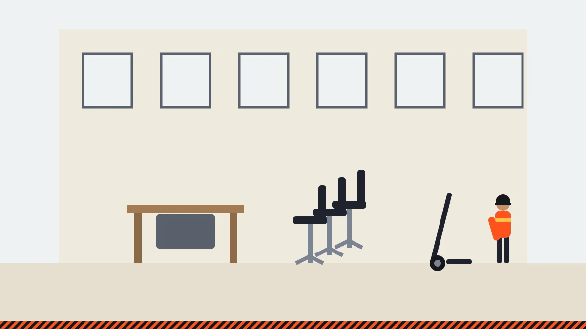 Illustration of office desks and stacked chairs being removed from a commercial space