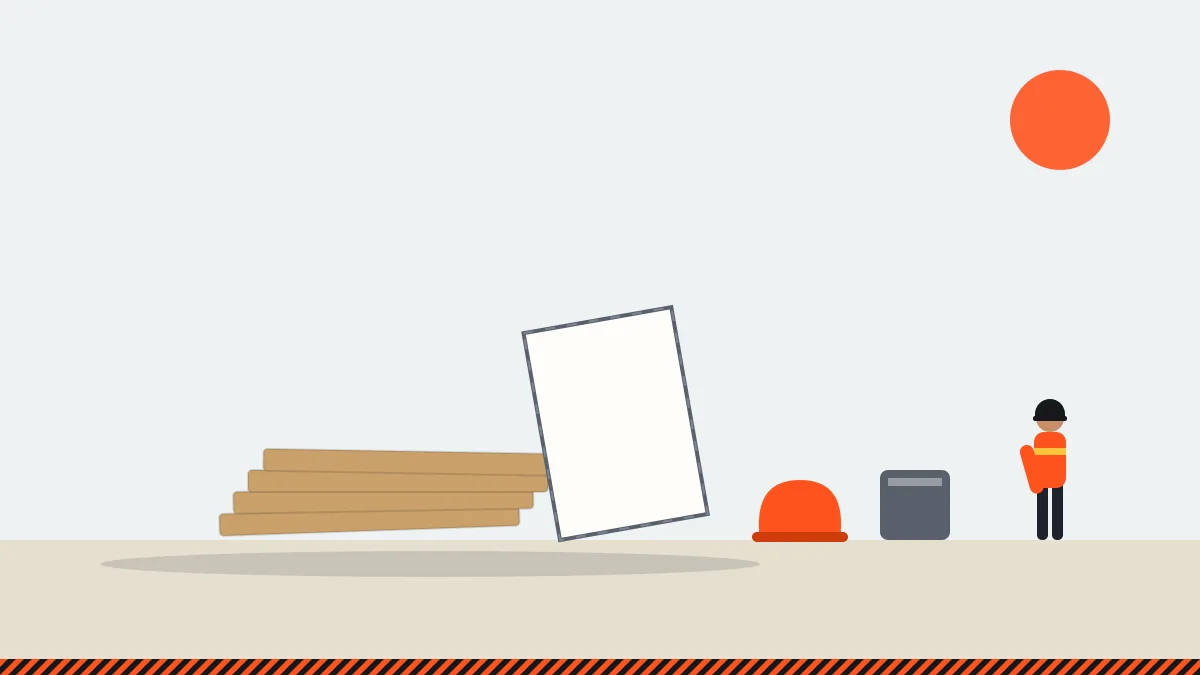 Illustration of lumber, drywall, a bucket, and a hard hat staged for construction debris removal