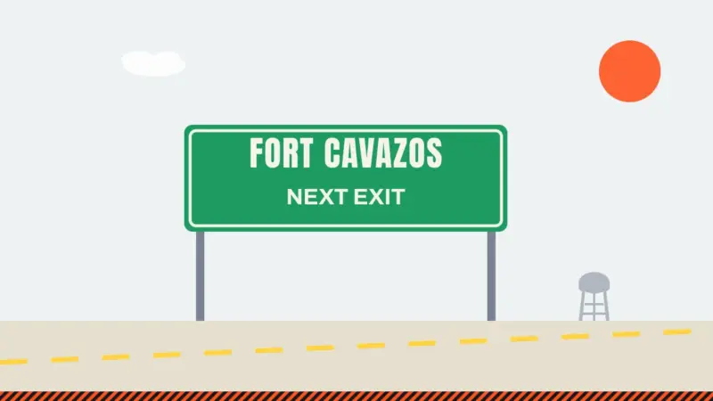 Illustration of a highway exit sign for Fort Cavazos with a Central Texas water tower