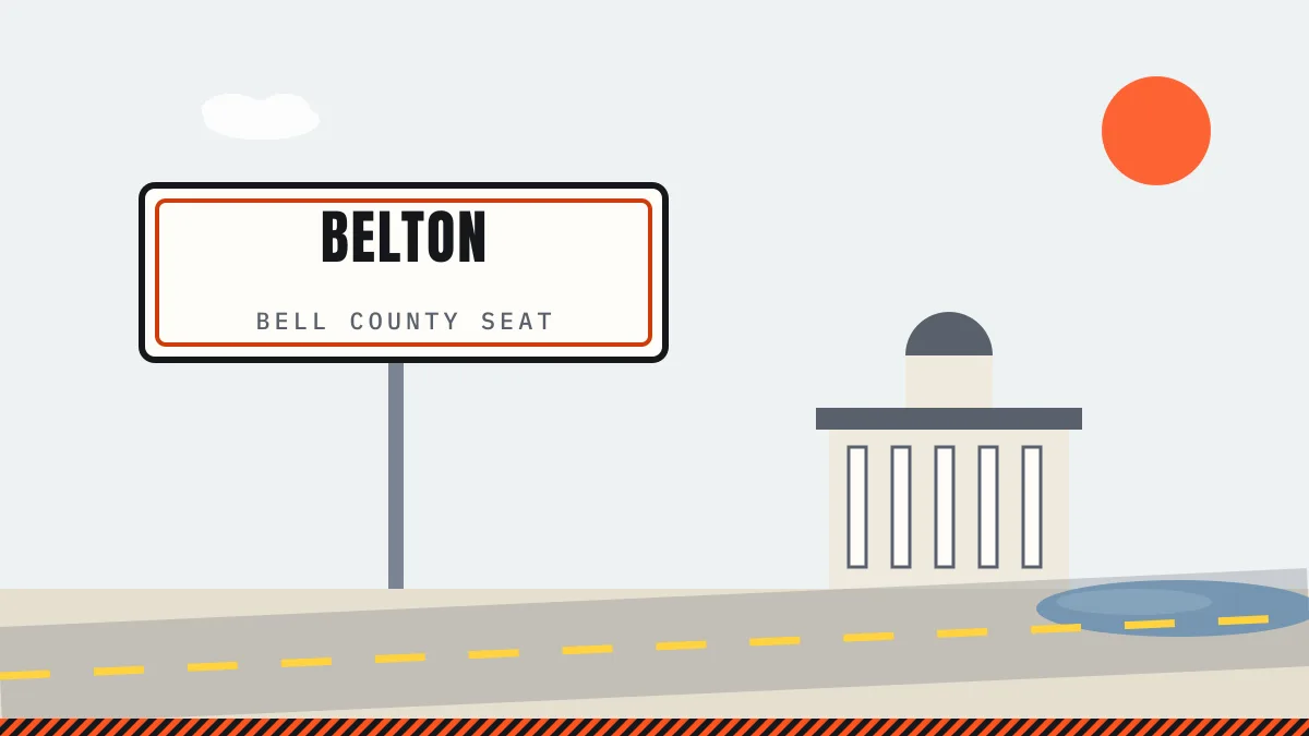Illustration of a Belton city sign with the Bell County courthouse dome
