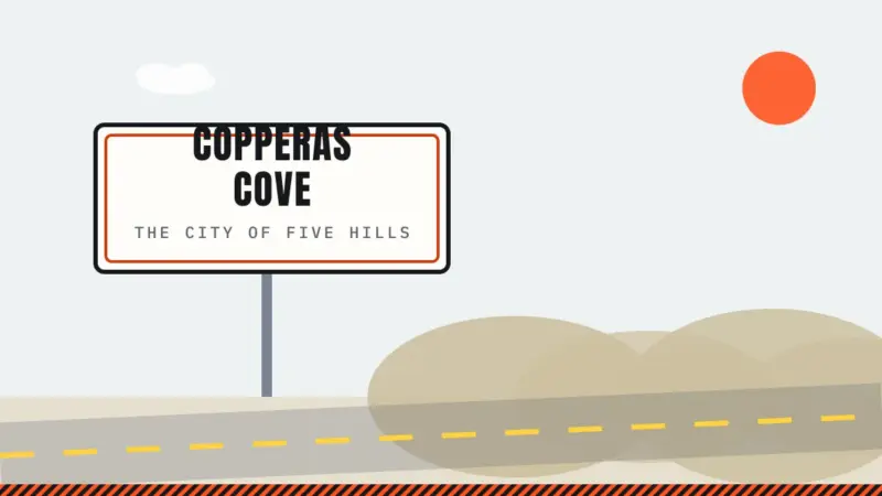 Illustration of a Copperas Cove city sign framed by its five hills