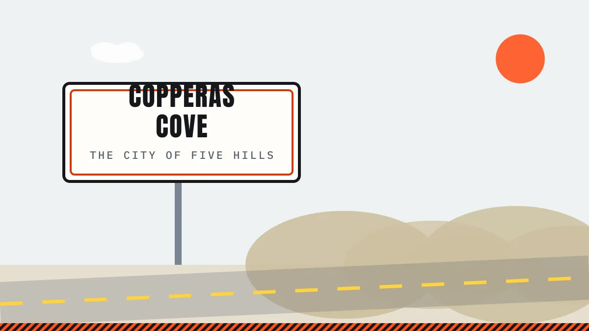 Illustration of a Copperas Cove city sign framed by its five hills