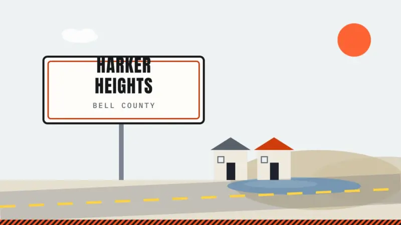 Illustration of a Harker Heights city sign with Stillhouse Hollow Lake and nearby homes