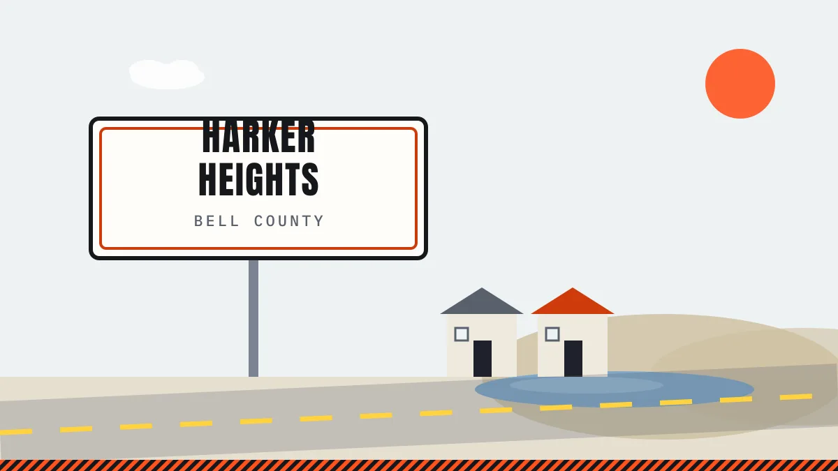 Illustration of a Harker Heights city sign with Stillhouse Hollow Lake and nearby homes