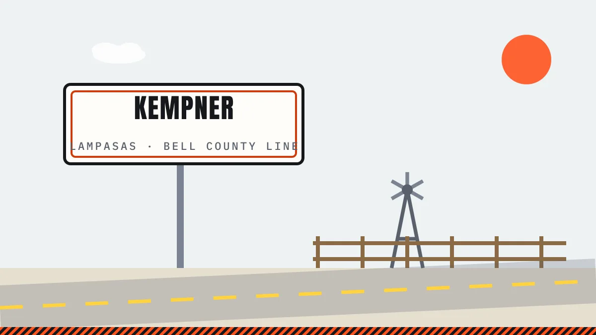 Illustration of a Kempner city sign with a windmill and ranch fence line