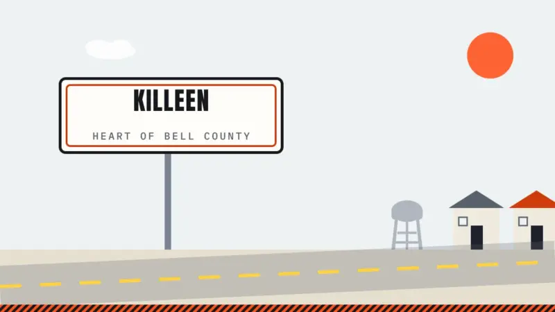 Illustration of a Killeen city sign with the town water tower and neighborhood homes
