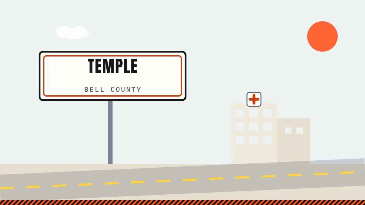 Illustration of a Temple city sign with a medical center skyline