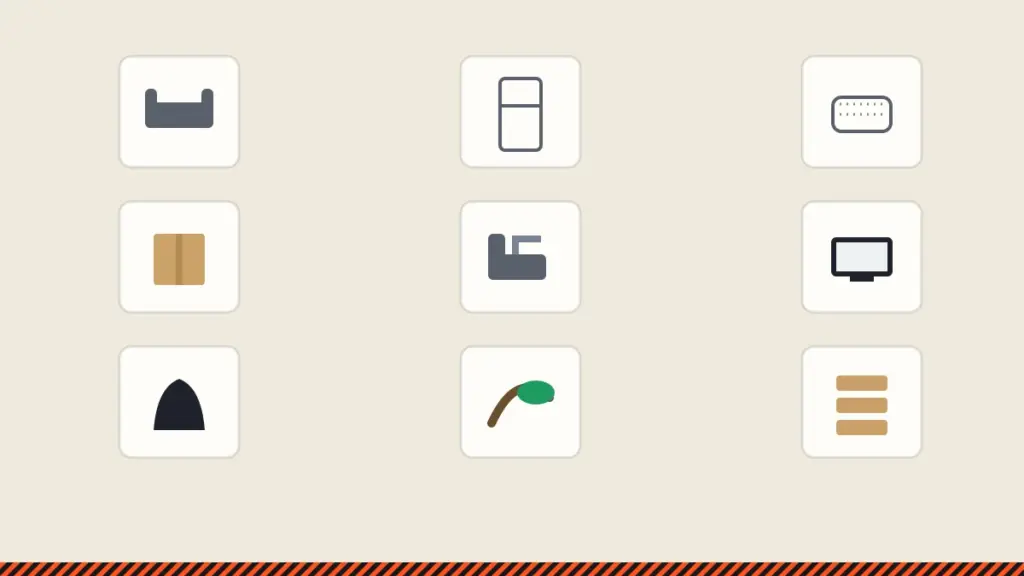 Illustration grid of items Haul Country hauls: furniture, appliances, mattresses, boxes, TVs, and yard debris