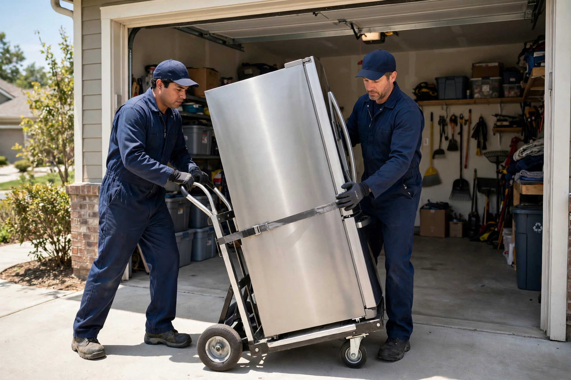 Workers moving a refrigerator with a dolly