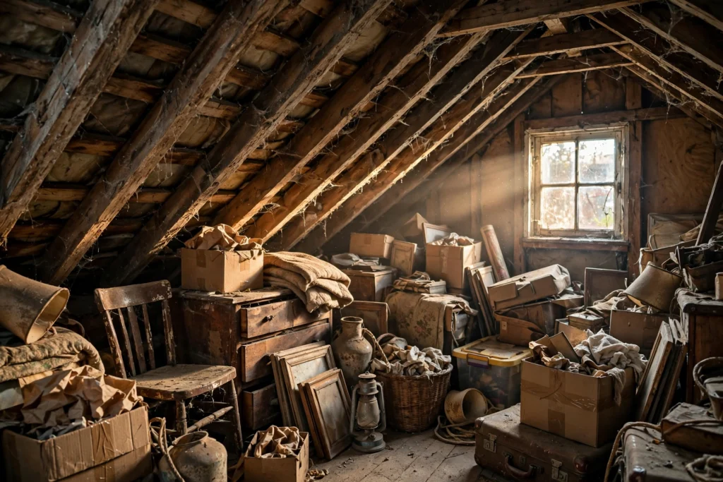 Attic filled with boxes and stored items before cleanout