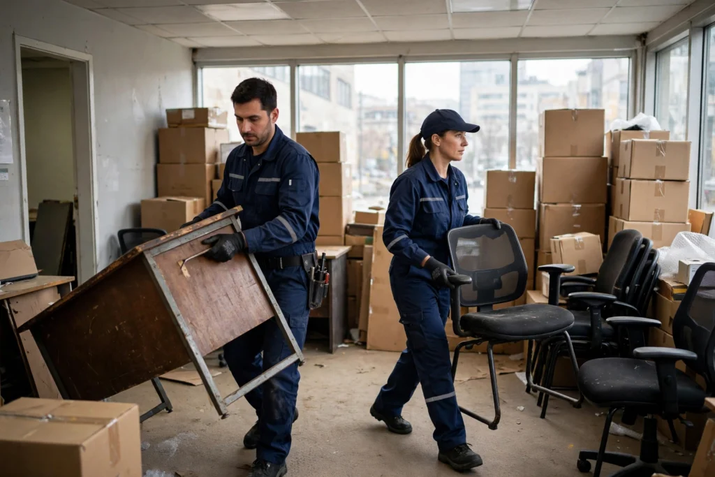 Workers clearing office furniture during a commercial cleanout