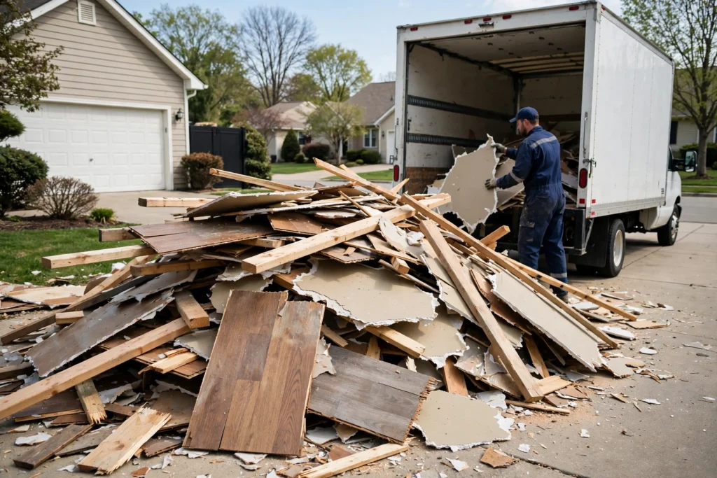 Construction debris being loaded for removal