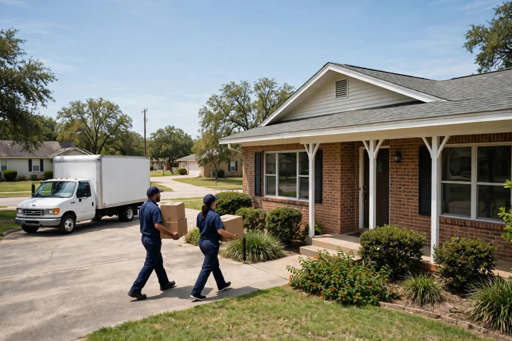 Junk removal truck at a Texas ranch-style home