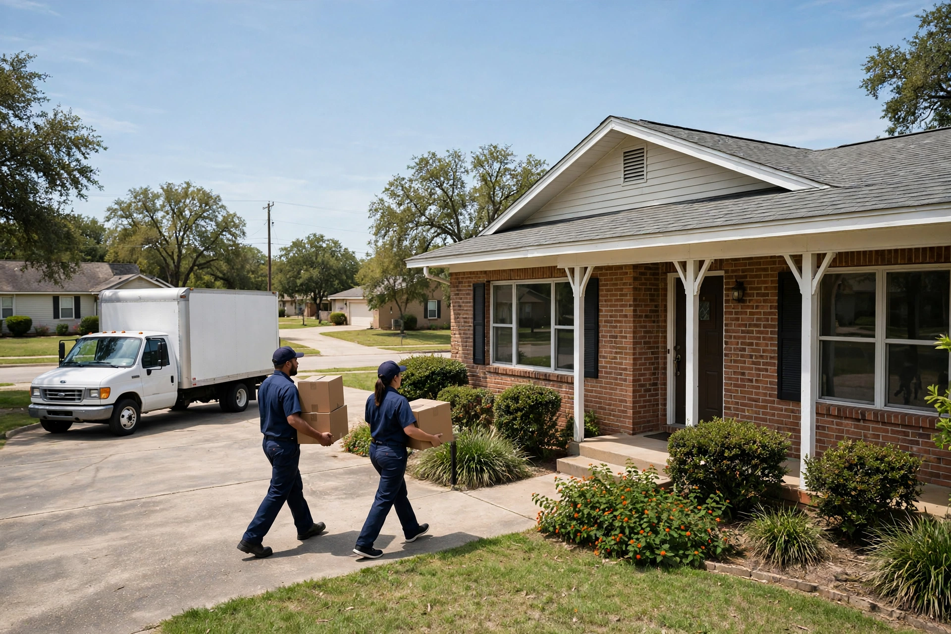 Junk removal truck at a Texas ranch-style home