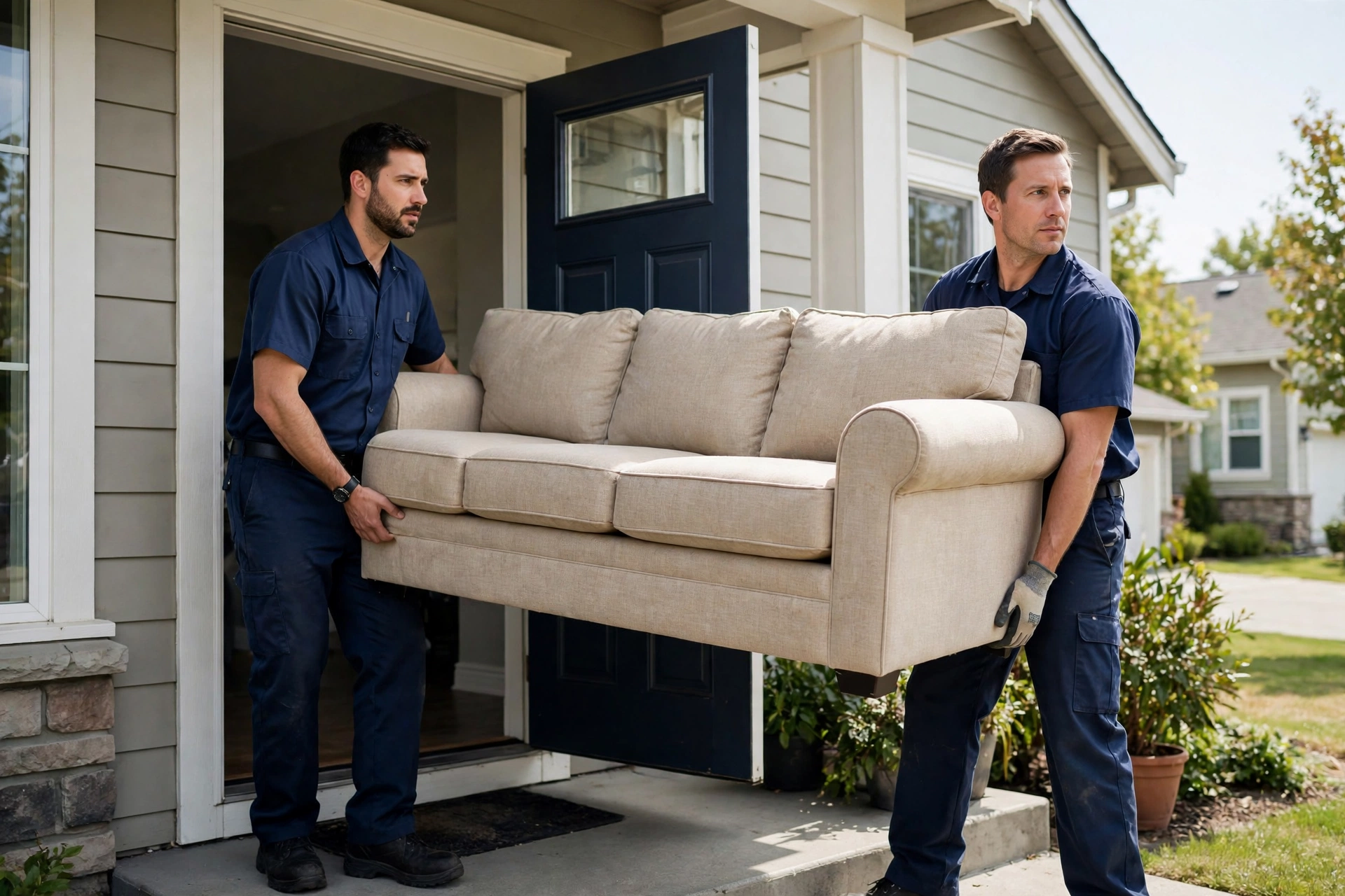 Movers carrying a couch out of a Killeen home