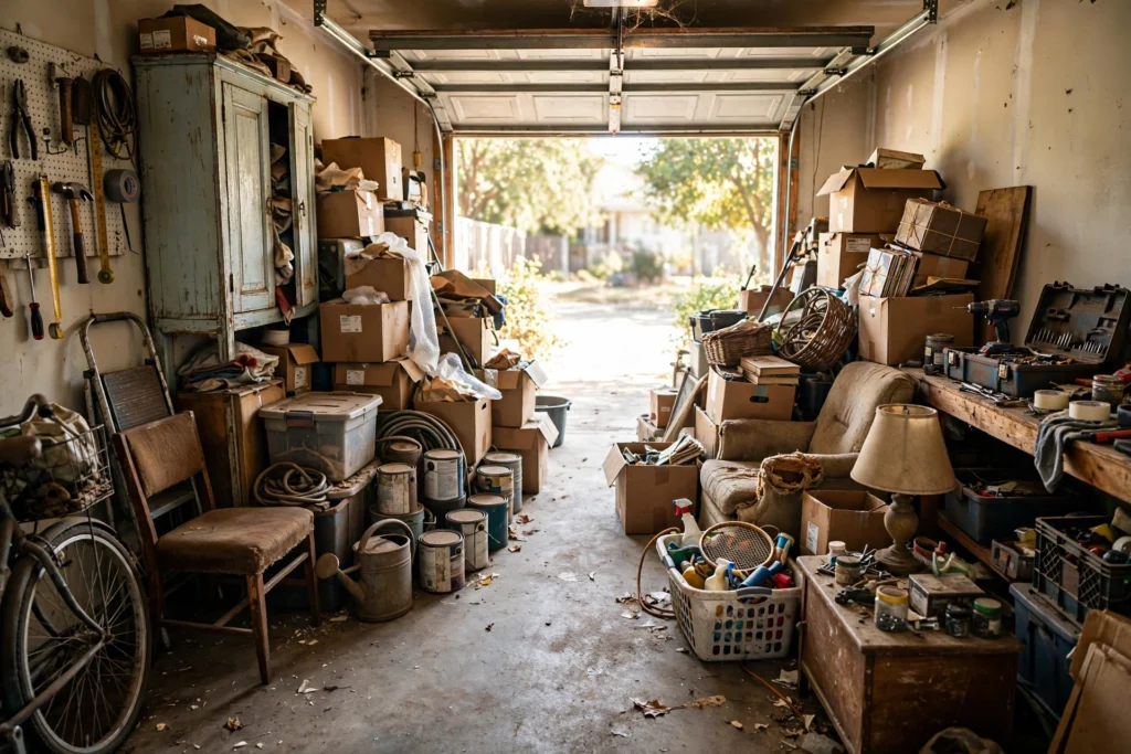 Cluttered residential garage before cleanout