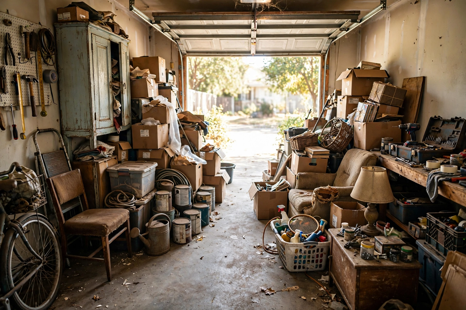 Cluttered residential garage before cleanout