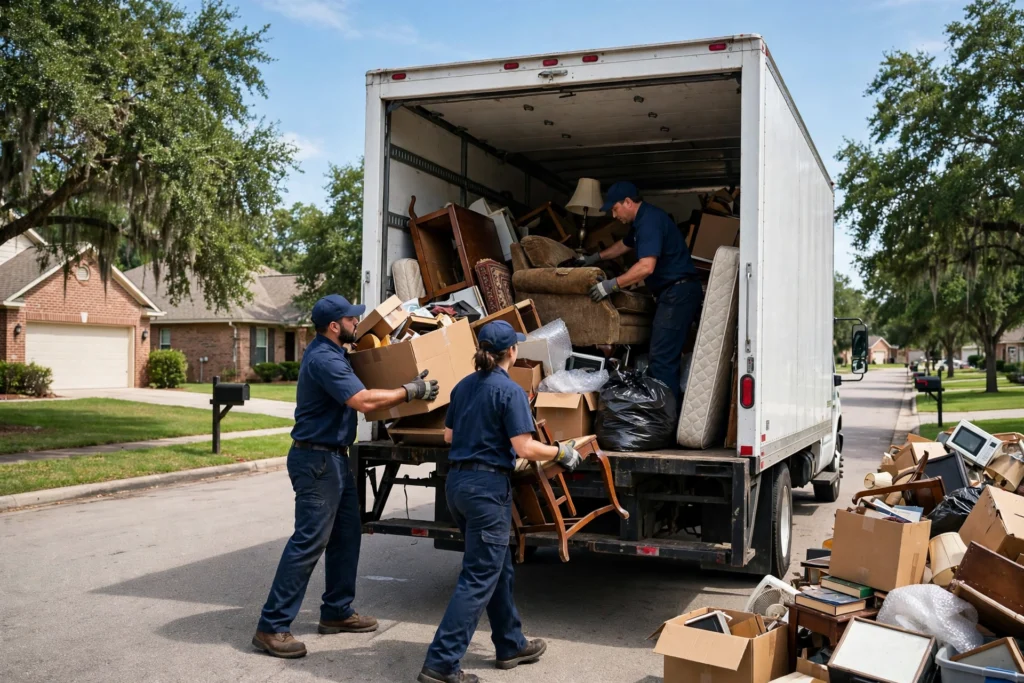 Junk removal crew loading household junk into a truck