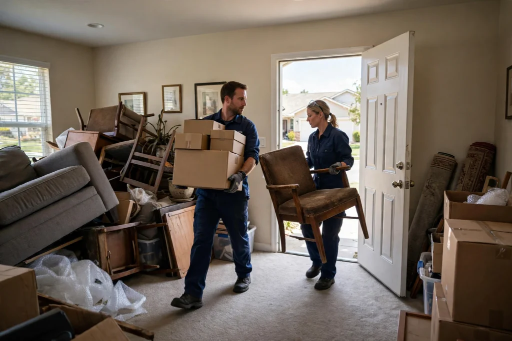 Crew clearing furniture and boxes from a living room