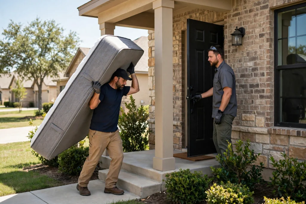 Worker carrying a mattress out of a house for removal