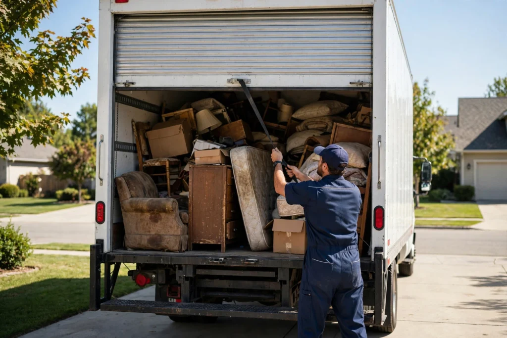 Box truck loaded with furniture and junk for hauling