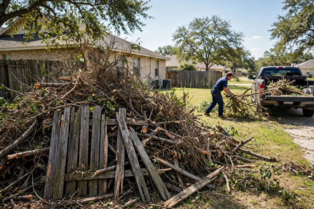 Yard waste pile with branches and brush